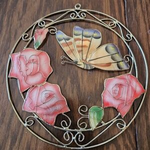 Round Butterfly & Flowers Wall Hanging Made in Philippines 7 1/2" Round